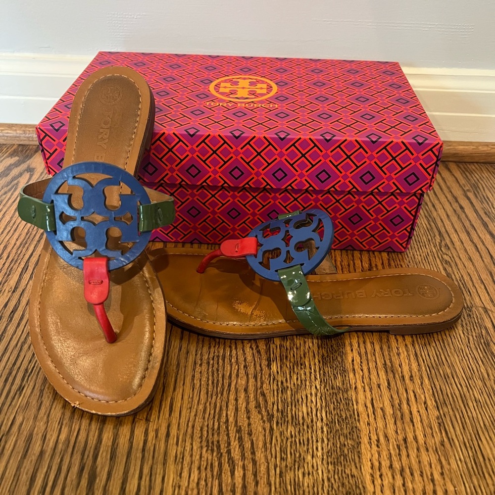 Tory Burch Miller Leather ‘Duchess’ Blue, Red, and Green Sandals Size 7.5